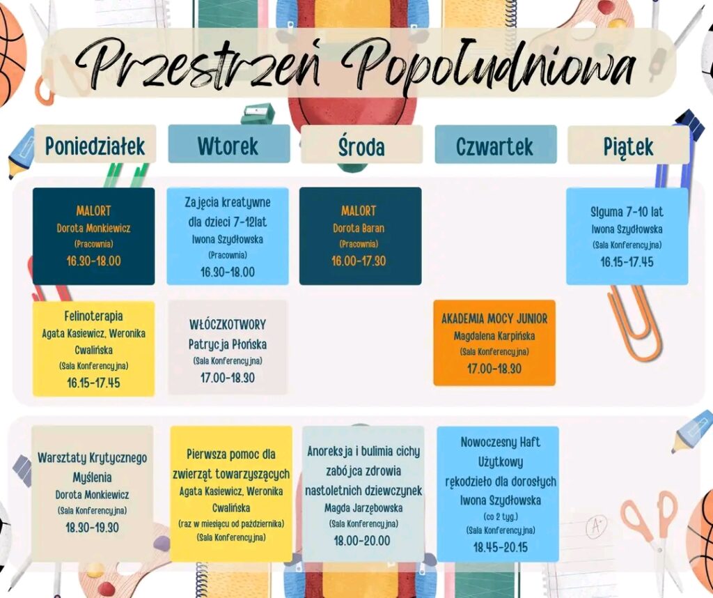 Grafika z napisami: Przestrzeń Popołudniowa i harmonogramem zajęć